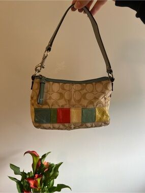 Coach Beige Signature Shoulder Bag with Multicolor Leather Patch Trim